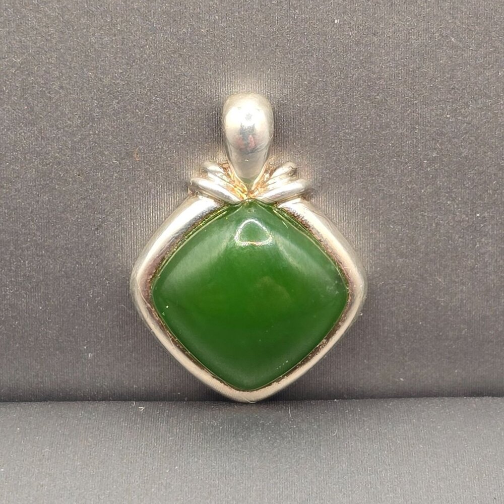Jade Sterling Silver Square Pendant Green Gemstone 925 Hallmark Signed